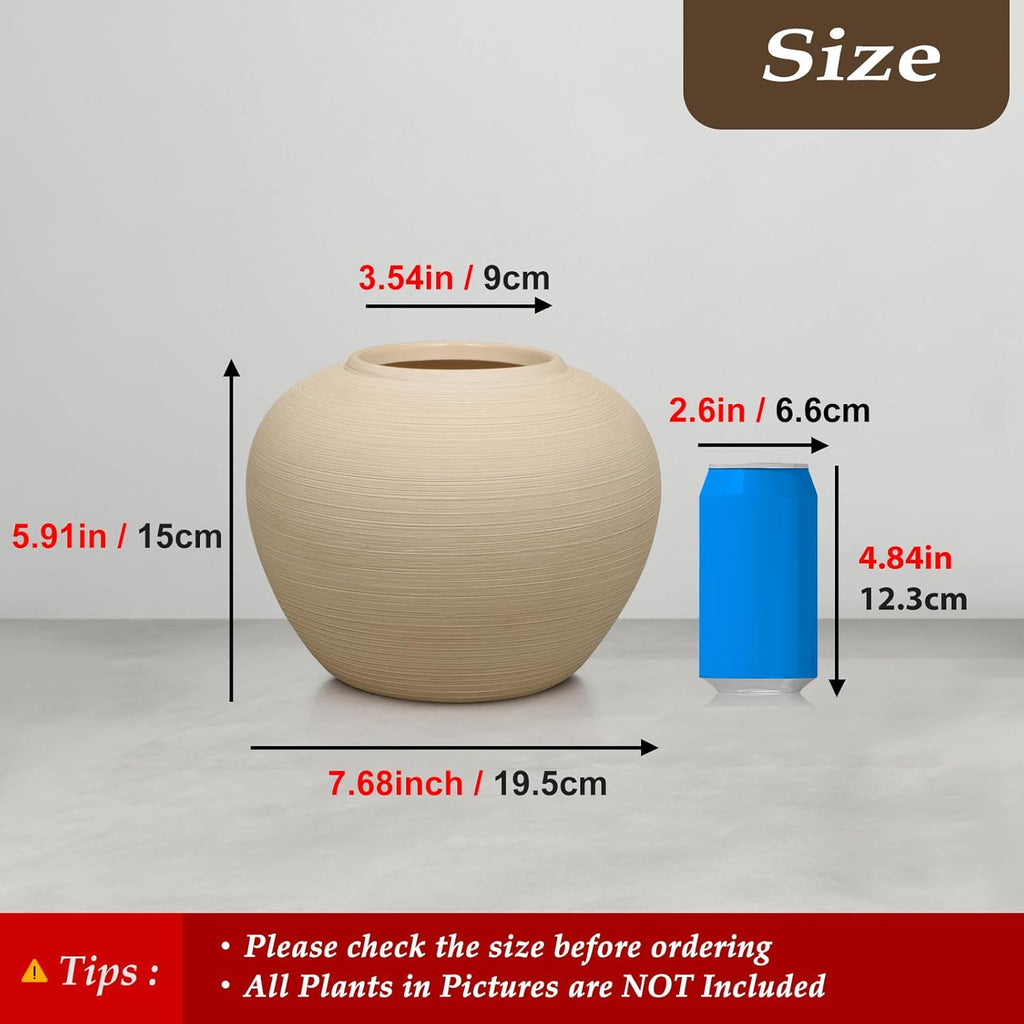 Ceramic Flower Vase Round Textured Vase,Farmhouse Vase(6" Tall, 7.7" Width) | Wide Round Terracotta Rustic Vases