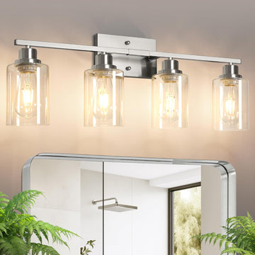 Bathroom Light Fixtures, 4-Light Vanity Light Over Mirror, Brushed Nickel Wall Sconces with Clear Glass Shades, Wall