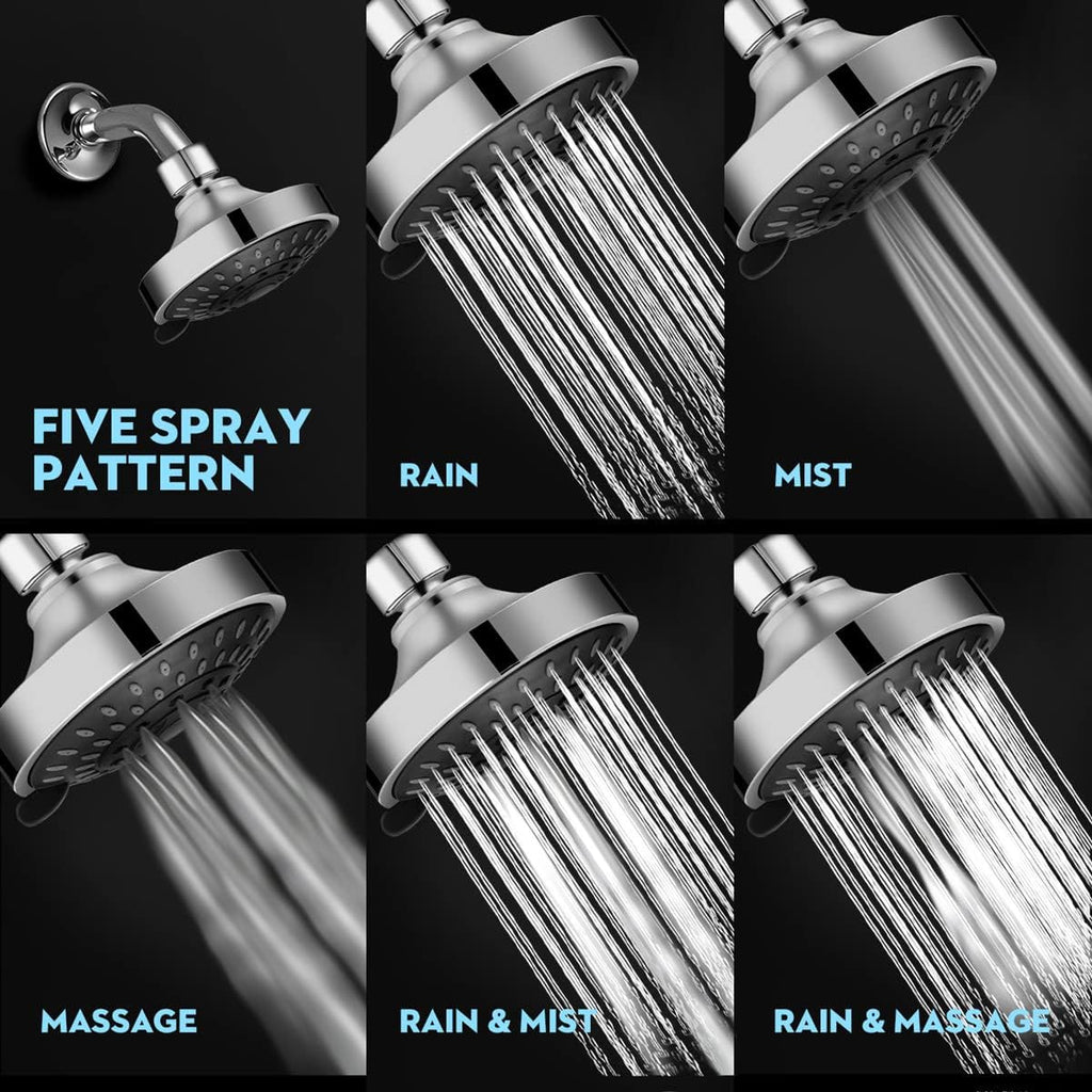High Pressure Shower Head 5 Settings Fixed Showerhead 4 Inch High Flow Bathroom Showerhead with Adjustable Brass Ball