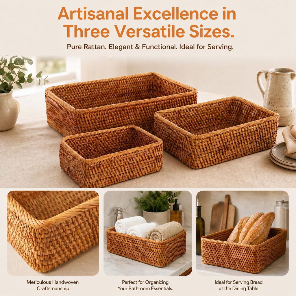 3 Pack Natural Rattan Storage Baskets, Rectangular Woven Fruit Baskets for Decor, Handmade Woven Nesting Bread