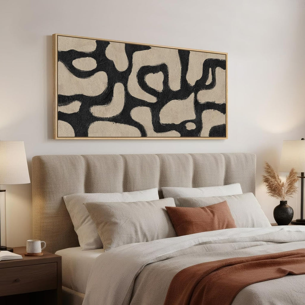 Framed Neutral Horizontal Abstract Wall Art, Extra Large Black and Beige Modern Painting Print, Mid Century Canvas