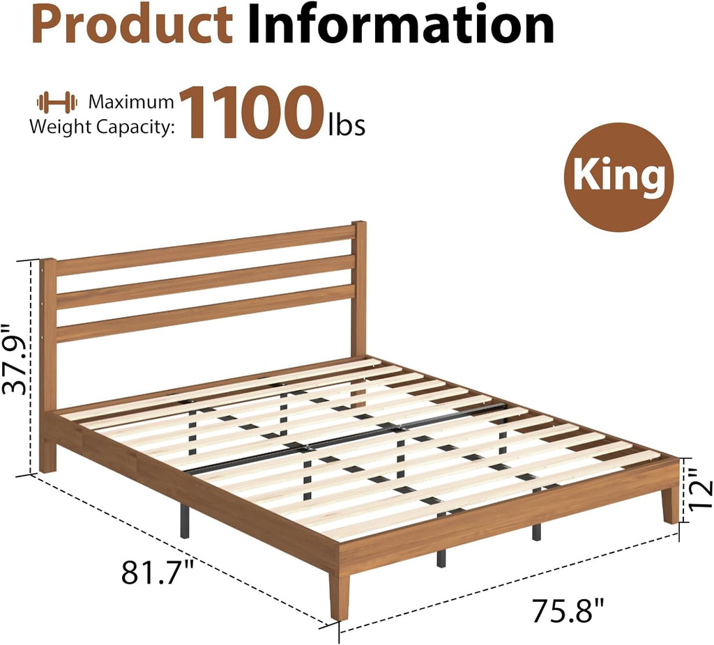 Solid Wood Bed Frame - King Mattress Foundation with Headboard
