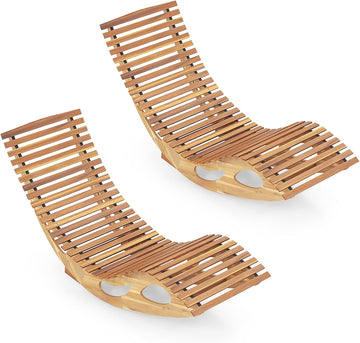 Outdoor Chaise Lounge Chair Set of 2, Acacia Wood Rocking Sun Lounger with Slatted Backrest and Seat, Wooden Rocker