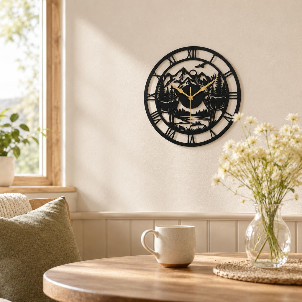 Deer Wall Clock Metal Wall Clock, Rustic Wall Clock Decor, Farmhouse Wall Clock with Deer Mountain Forest Design