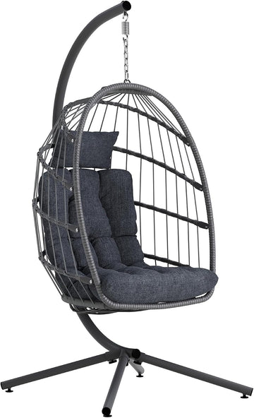 Egg Chair Outdoor with Stand, Indoor Wicker Hanging Egg Swing Chair with Cushion, 370lbs Capacity , Garden - Dark Grey