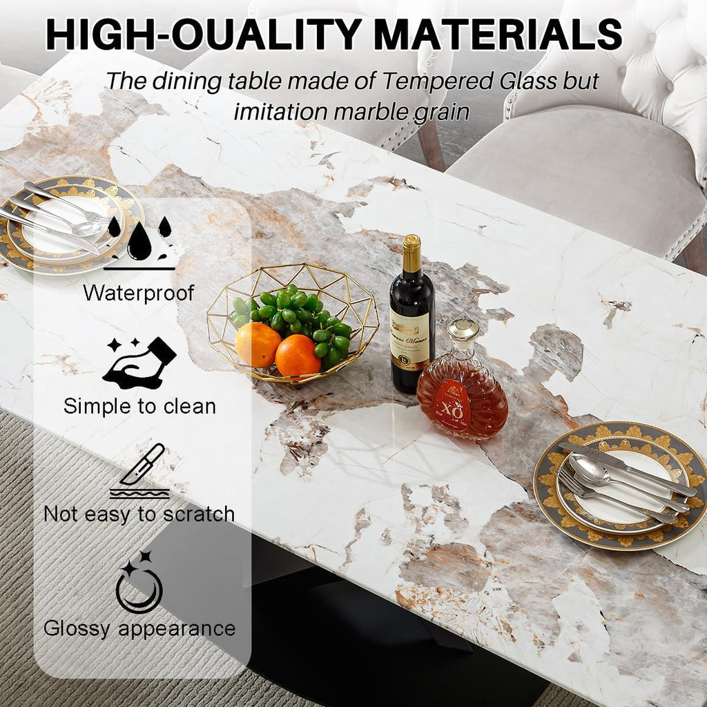 Modern Marble Dining Table, 70" White Kitchen Dining Room Table for 4 6 8 with 0.4" Thick Faux Marble Tabletop and Black Carbon Steel Pedestal,Luxurious Rectangle Large Dinner Table for Dining Room