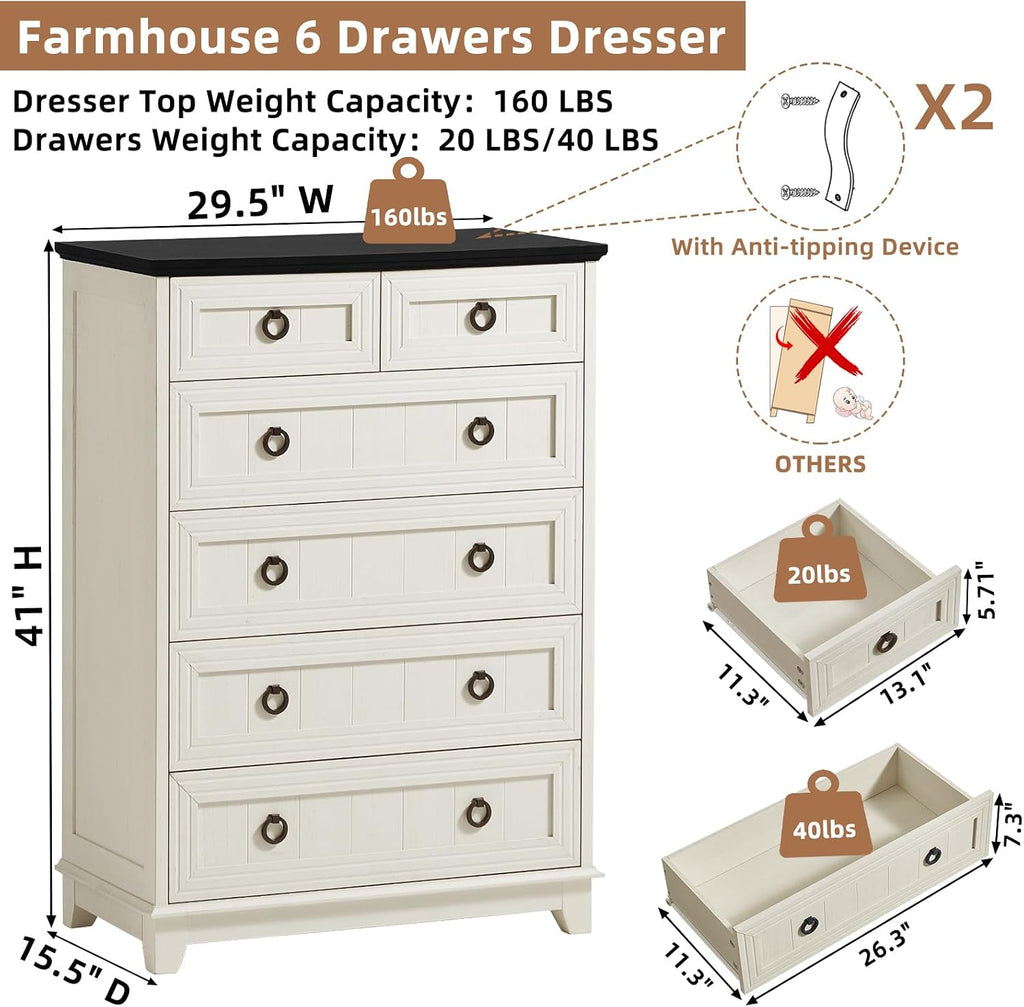 Farmhouse 6 Drawer Dresser , 41" Tall Small Dressers & Chest of Drawers, Rustic Wood Dresser with Metal Handle