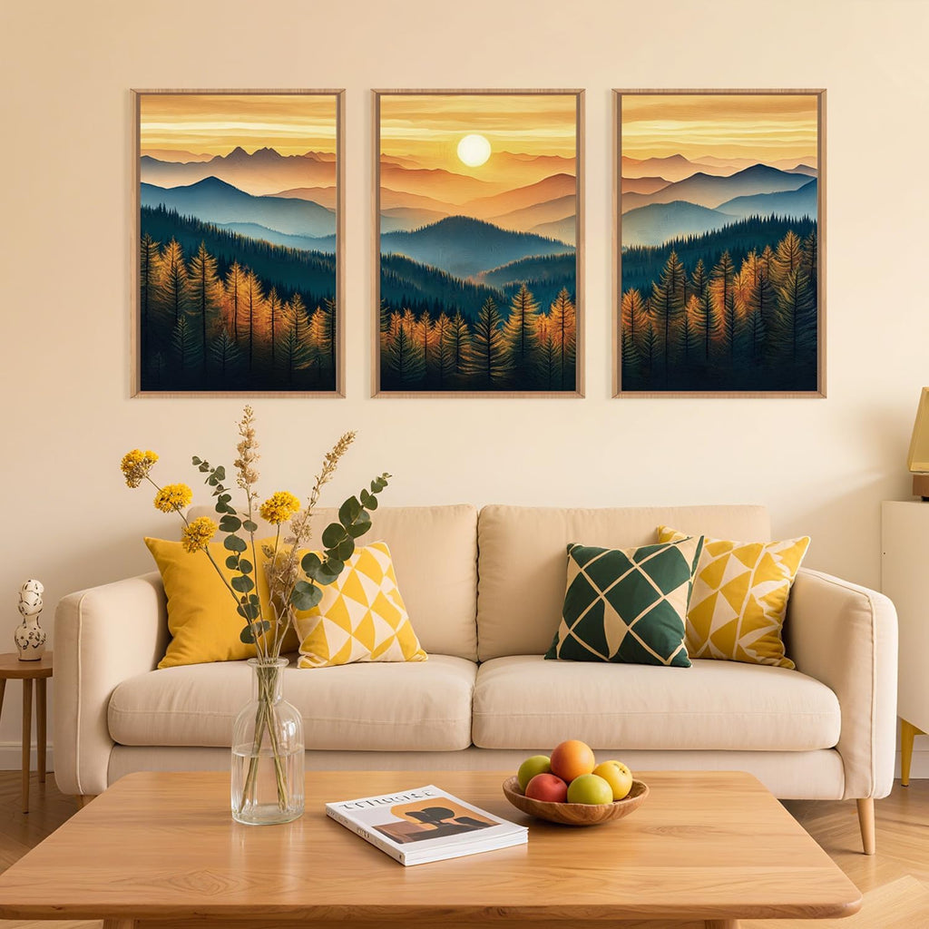 Large Boho Sunrise Mountain Framed Canvas Wall Art,Abstract Nature Forest Wall Decor,Foggy Pine Tree Painting,Retro