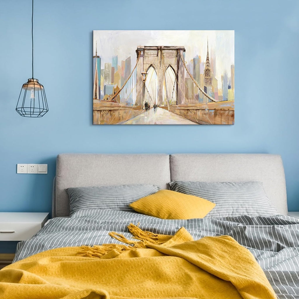 Brooklyn Bridge Wall Art New York City Skyline Painting Modern Abstract Cityscape Framed Artwork Large Canvas Ready
