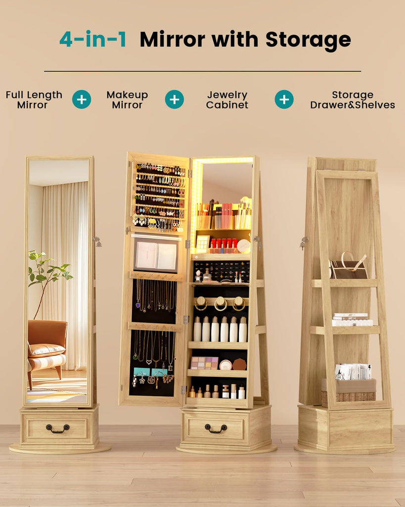 Mirror Jewelry Cabinet Standing with Lights, Lockable, Swivel, Wood