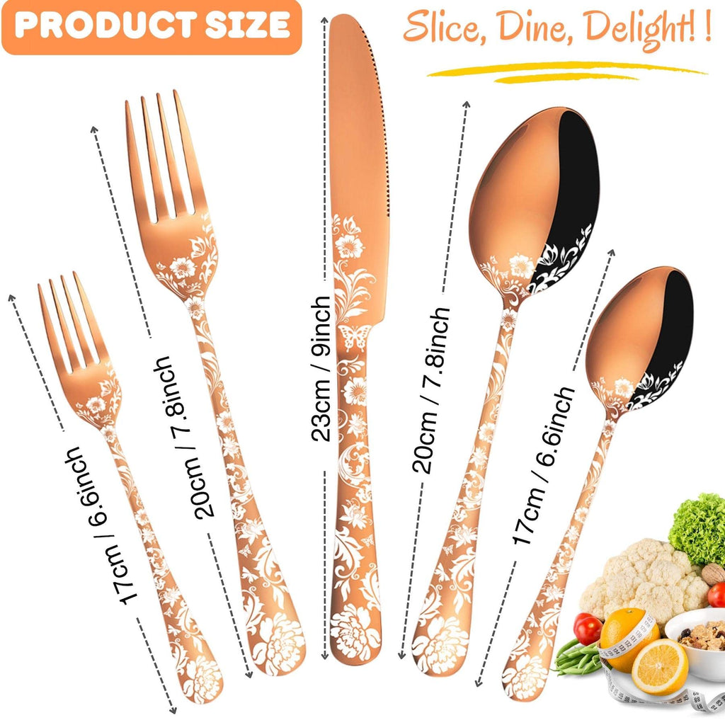 20 piece Peony Flower Pattern Design Silverware Set, Stainless Steel Flatware Set Service for 4, Rose Gold Cutlery