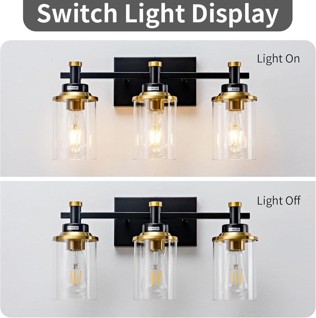 3 Light Bathroom Light Fixtures, Black and Brushed Gold Vanity Light Fixture Over Mirror, Modern Wall Sconces