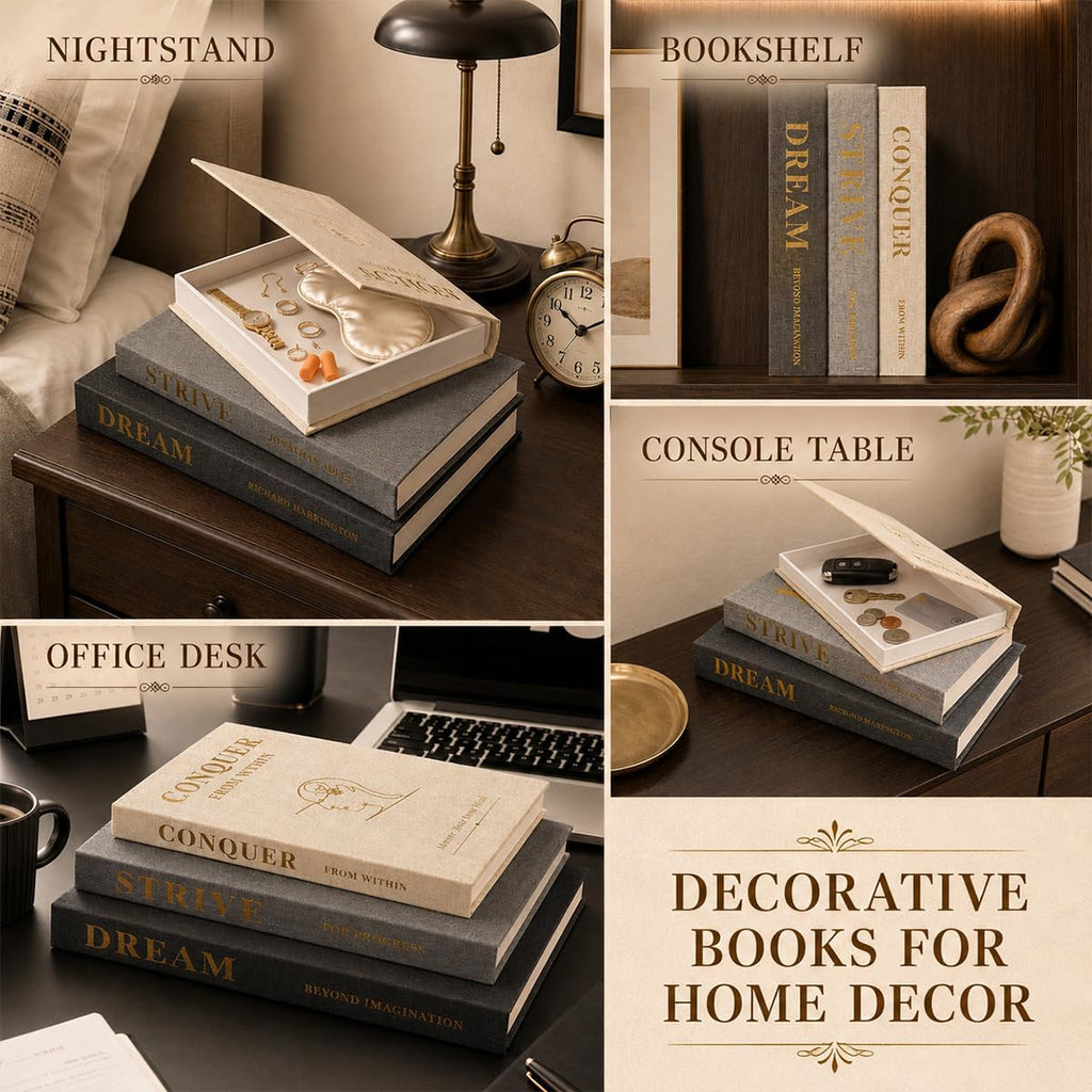 Coffee Table Books Decor, Set of 3 Neutral Linen Decorative Books with Gold Foil Inspirational Quotes for Desk