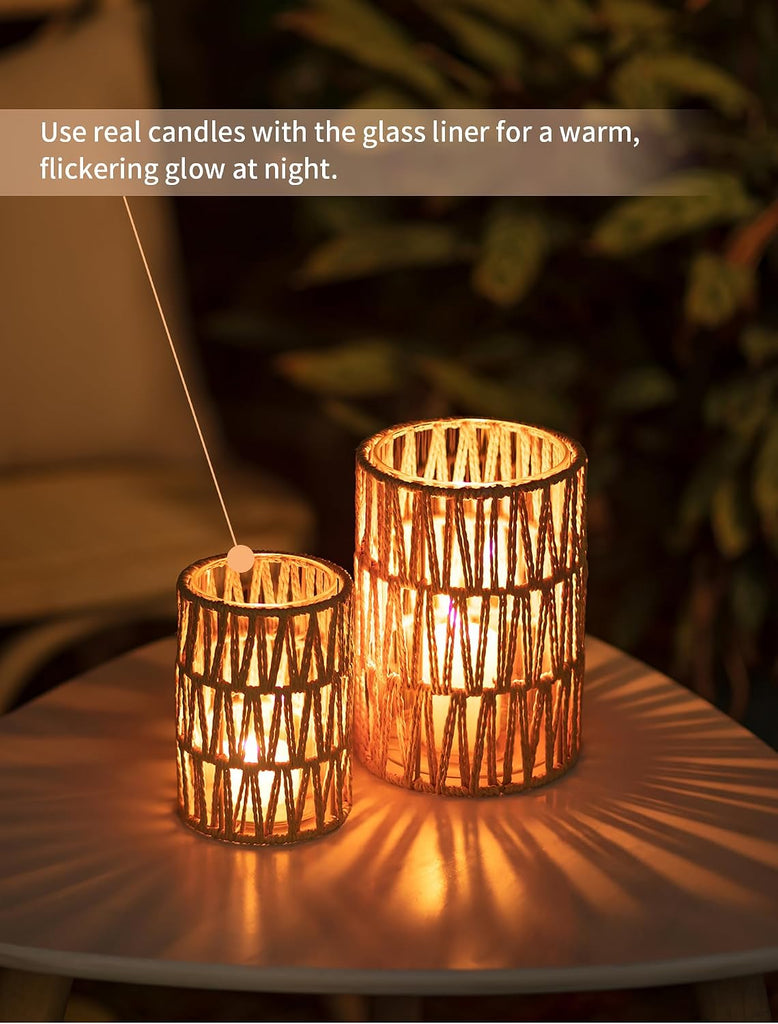 Rattan Boho Hurricane Lanterns: Set of 2 Pillar Candle Holders with Glass Cylinders- Farmhouse Vases Coffee Table