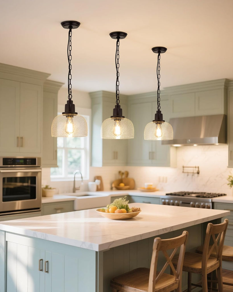 1-Pack Farmhouse Pendant Light, 1-Light Industrial Hanging Light Fixture with 9.3" Round Seeded Glass Shade, Dark