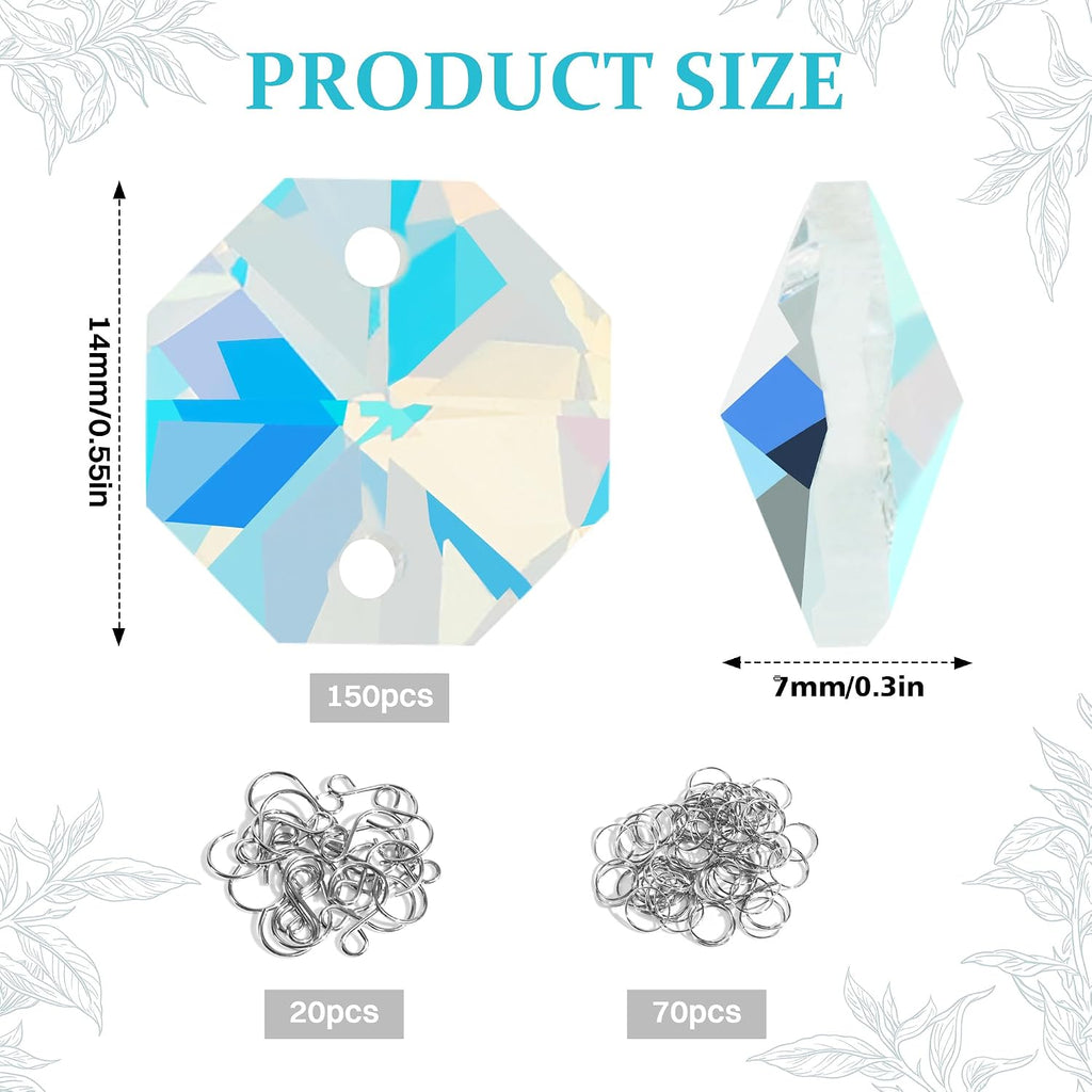 240Pcs Crystal Suncatcher Beads 150 14mm Crystal Glass Octagon Beads with 2 Hole Bulk Sun Catcher Supplies Chandelier