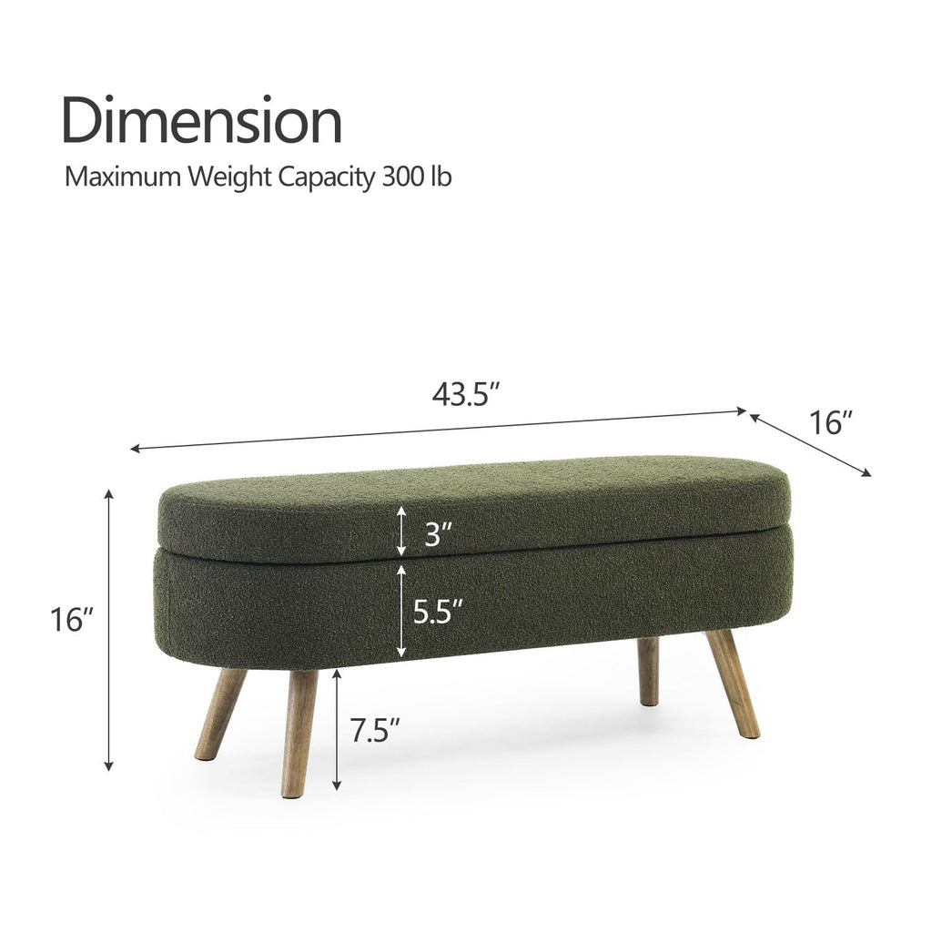43.5" Fabric Storage Ottoman Bench, Upholstered Boucle Ottoman with Safety Hinge, Entryway Bench with Rubber Wood Legs