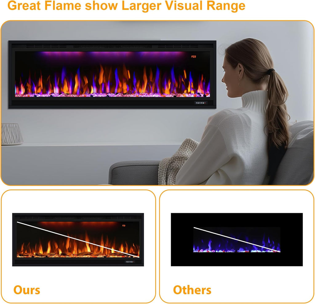 Smart 50 inch WiFi-Enabled Electric Fireplace Inserts, Wall Mount & in Wall recessed Fireplace Heater