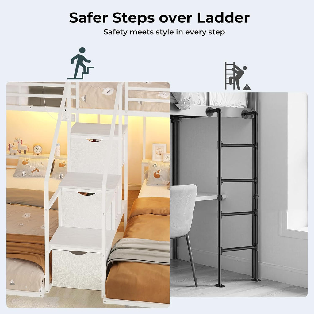 Triple Bunk Bed Twin Over Twin with Storage Staircase, RGB Lights & Power Outlets