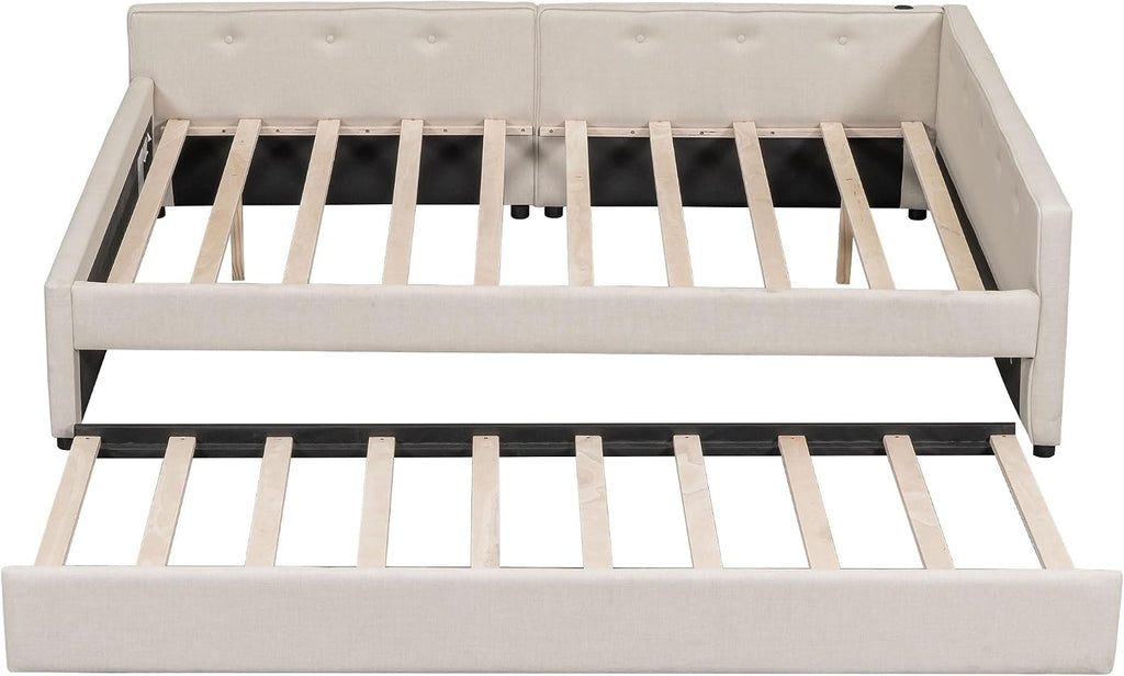 Queen Daybed with Pull Out Trundle, Linen Upholstered Bed with Built-in USB Ports, Solid Wood Day Bed Frame with Twin