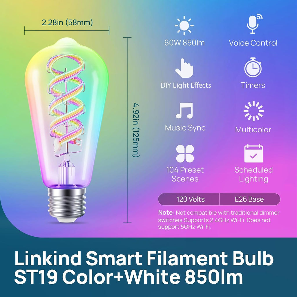 Matter Smart Bulbs, ST19/ST58 E26 Led Bulb Compatible with Alexa, Smart Light Bulbs, WiFi Bulbs, RGBTW Color Changing (1 Pack)