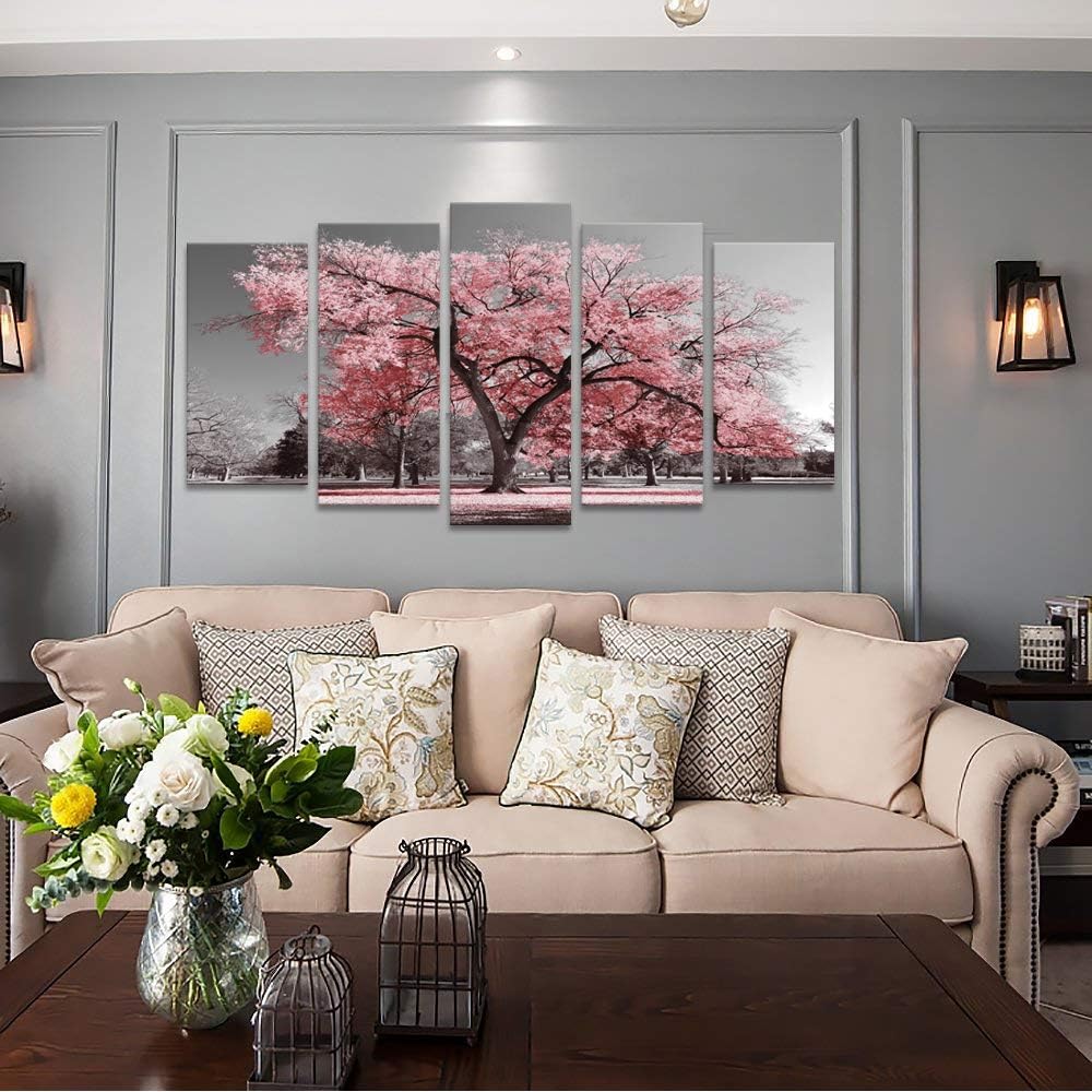 Large 5 Pieces Black and White Canvas Wall Art Pink Tree Landscape Picture Prints Framed and Stretched Painting Wall