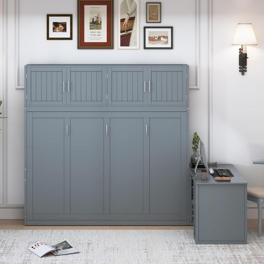 Queen Wall Murphy Bed with Desk and Storage Shelves and Big Cabinets for Guest Room, Bed Room, Guest Room, Home