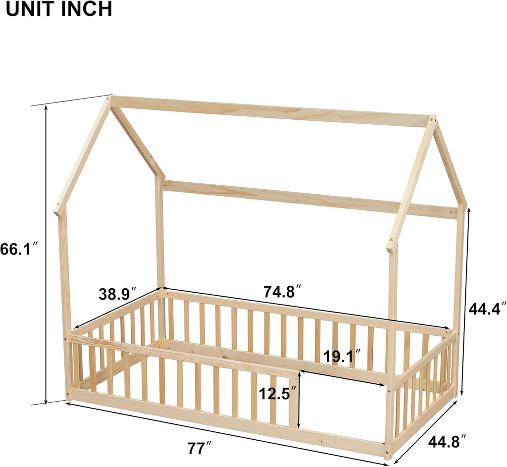 Twin Size Kids Bed Frame with Rails, Twin Montessori beds for Kids, House Bed for Boys Girls, Natural