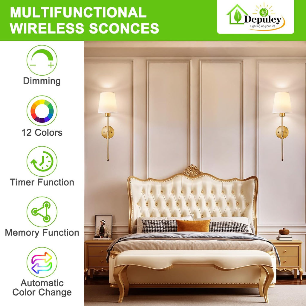 Battery Operated Wall Sconce: Set of 2 Wireless Wall Lights with 10000mAh Dimmable Bulbs and Remote for Bedroom