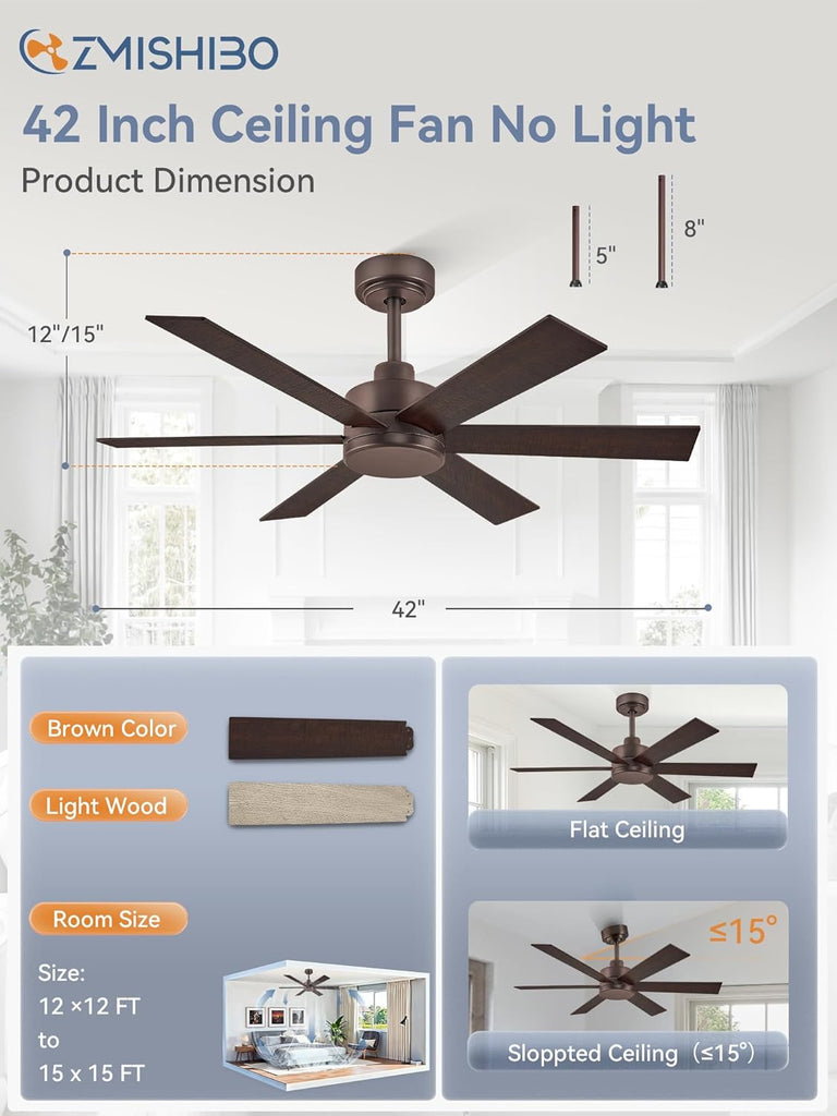 42 Inch Ceiling Fans No Lights, Farmhouse Rustic Ceiling Fan Without Light, 6 Blades, Quiet Reversible DC Motor
