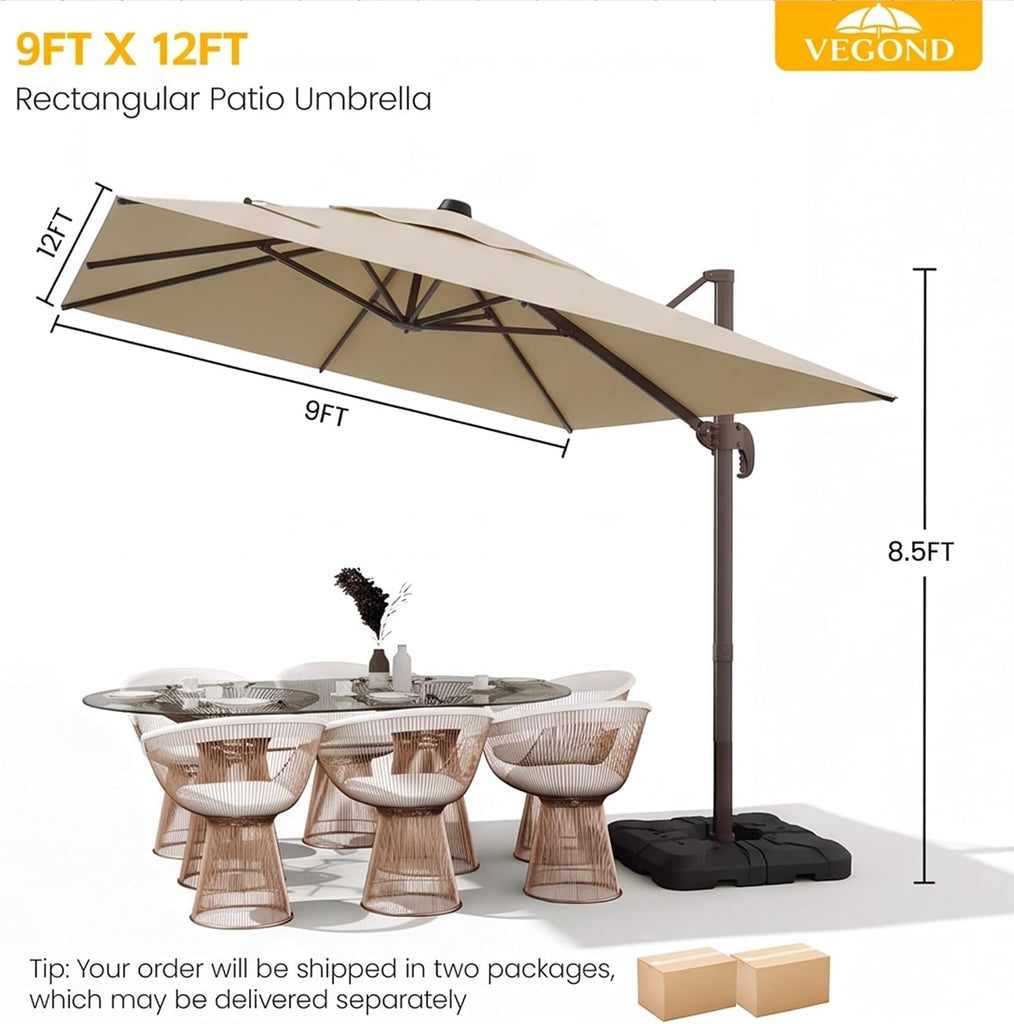9x12 FT Patio Cantilever Umbrella with Base, Rectangular Heavy Duty Offset Umbrella for 6-8 People - Beige