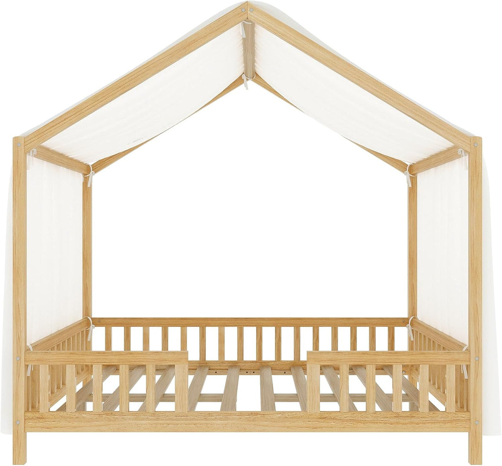 Full Size Montessori Toddler Floor Bed with Canopy and Roof,Wooden House Beds Frame for Kids,Montessori Floor Bed