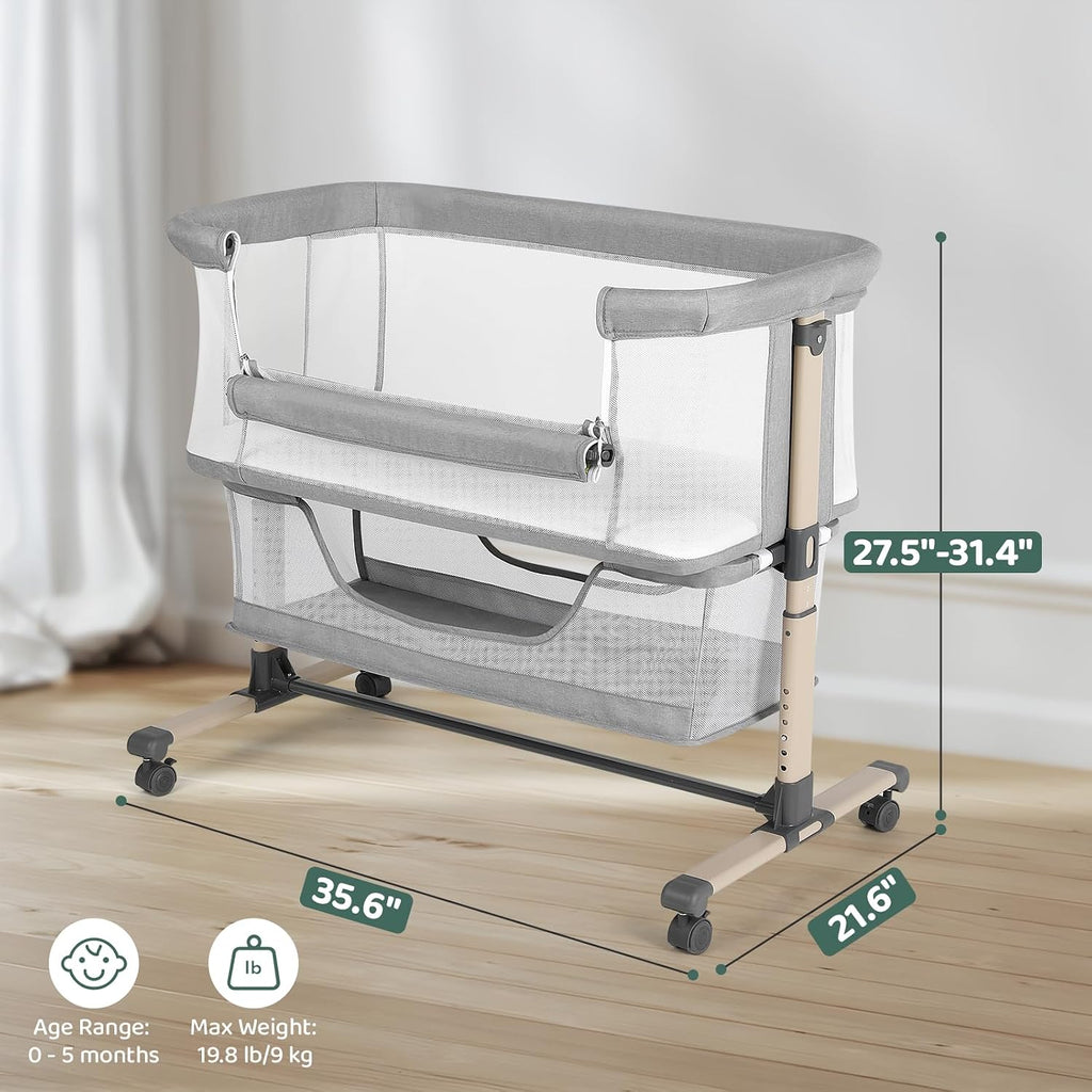 Bassinet Bedside Sleeper, Breathable and Adjustable, Light Grey | 0-5 Months Baby Infant, Co-Sleeping, 6 Heights