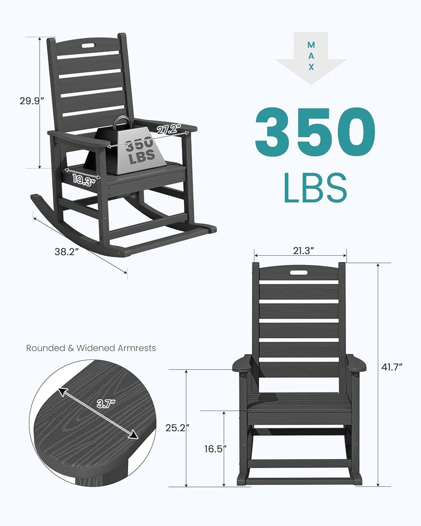 2-Pc Rocking Chair Set with Footboard, HDPE, 350lbs Cap, Gray | Oversized HDPE Rocking Chair with Footrest for