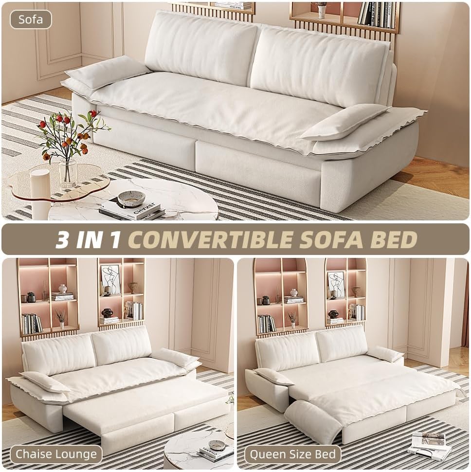 3-in-1 Convertible Sofa Bed Queen Size Pull Out Sleeper Sofa with Heavy Duty Metal Frame, Luxurious Velvet