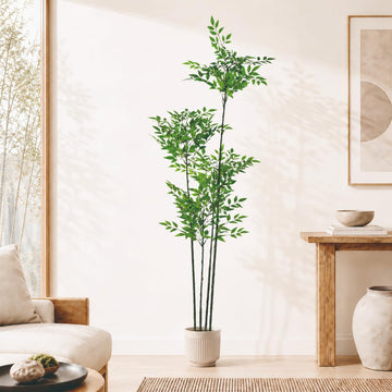 4.9ft Faux Nandina Domestica, Artificial Bamboo Potted Floor Plant, Realistic Low Maintenance Greenery for Indoor