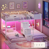 Triple Bunk Bed Twin Over Twin with Storage Staircase, RGB Lights & Power Outlets