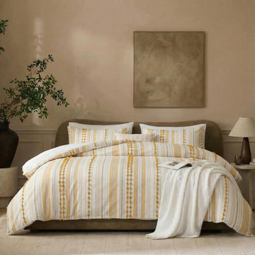 100% Cotton Duvet Cover - Cream Yellow Striped Bedding Set with Embroidered Accents, 3 Pieces Ultra