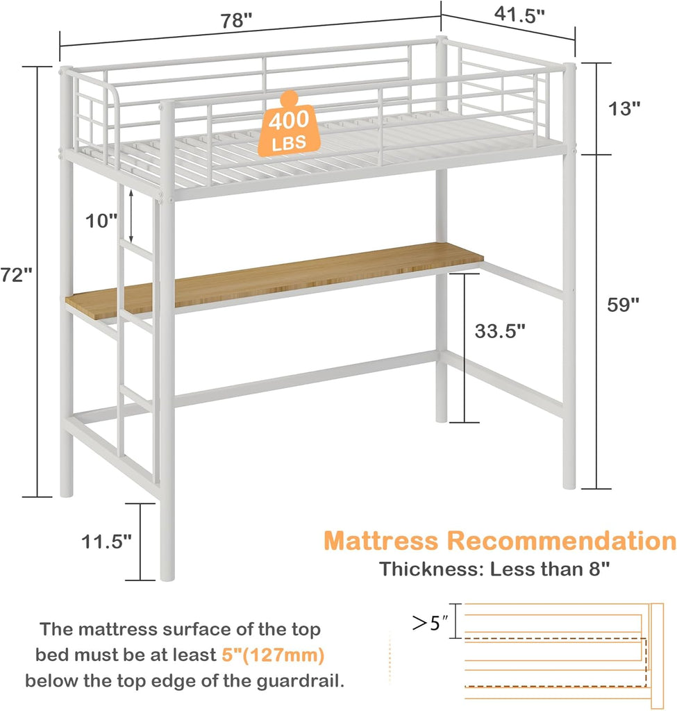 Loft Bed Twin with Desk, Metal Bedframe with Removable Ladder and Safety Guardrail, No Box Spring Needed, Space Saving