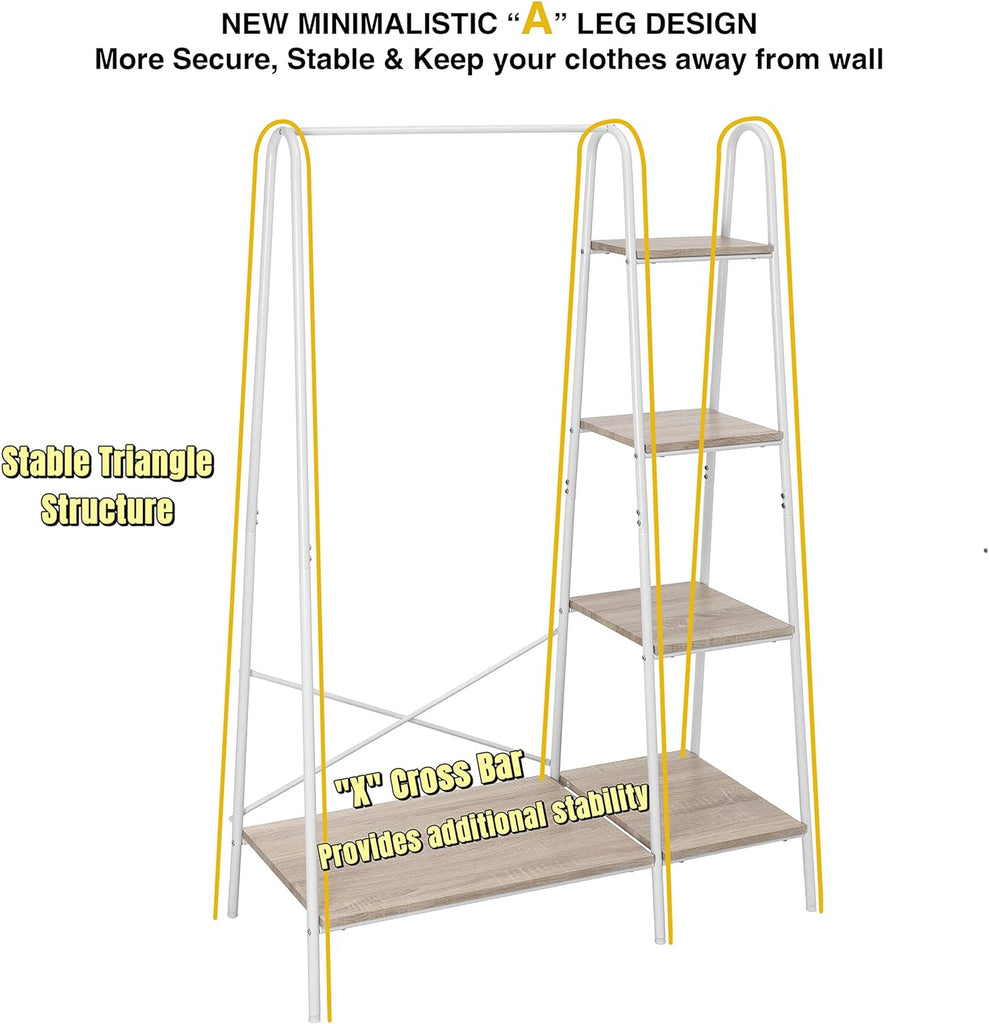 Metal Clothes Closet Rack, Clothing Rack for Hanging Clothes White Heavy Duty Garment Rack with 5 Wood Shelves