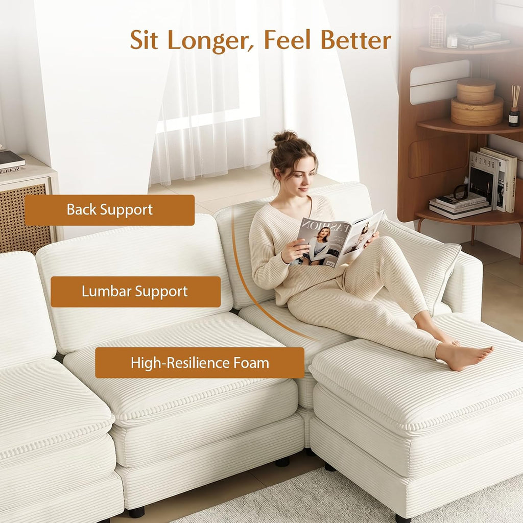 L Shaped Couch Sectional Sofa with Chaise 3 Seat Couch Modular Cloud Sofa Corduroy Couch Cream White Living Room