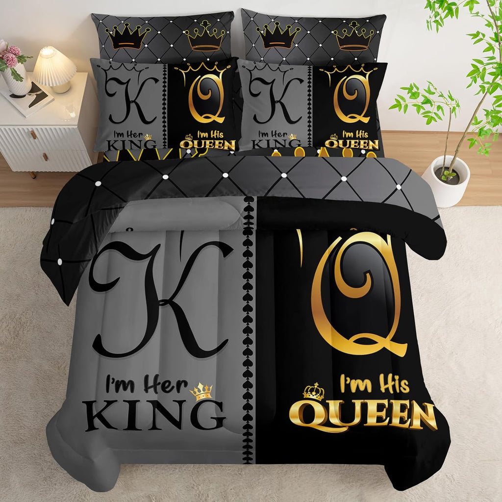 Grey and Black Comforter Set Queen IZE,7-Piece K and Q Printed Crown Couple Bed in a Bag,His Her Lover Comforter &