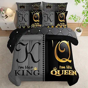 Grey and Black Comforter Set Full IZE,7-Piece K and Q Printed Crown Couple Bed in a Bag,His Her Lover Comforter & - Set of 7