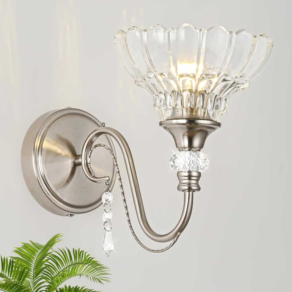 1 Piece Brushed Nickel Finish Wall Sconce, 1-Light Modern Wall Sconce with Hanging Crystal Accents and Flower-Shaped