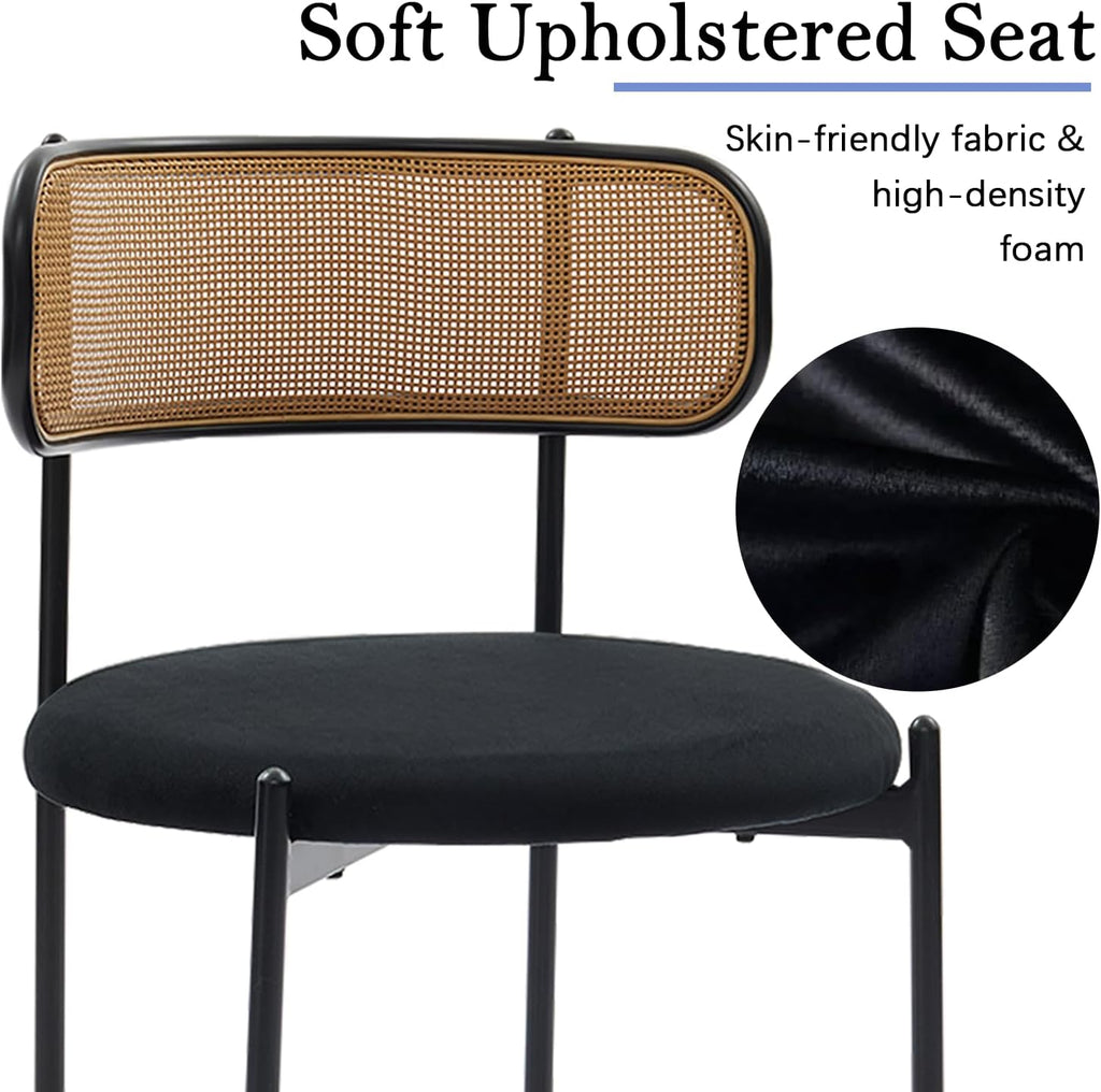 Rattan Dining Chairs Set of 2, Mid-Century Modern Dining Chairs with Cane Back and Boucle Upholstered Seat, Farmhouse Kitchen Chairs, Black