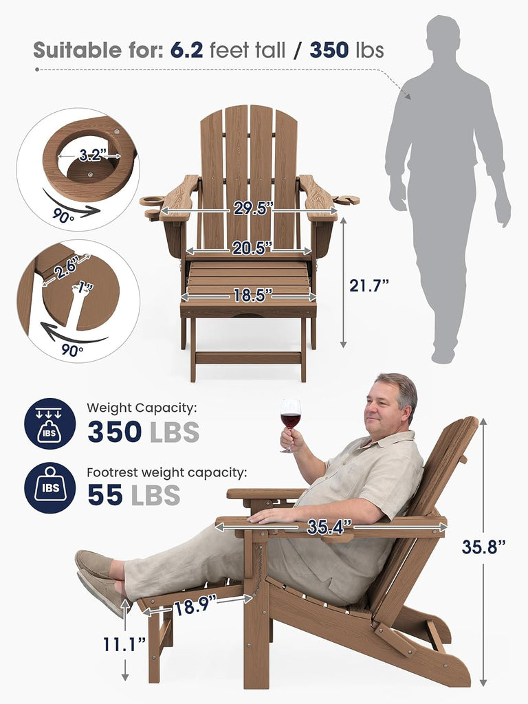 Folding Adjustable Adirondack Chair with Ottoman & 2 Cup Holders Set of 2, HDPE Adirondack Recliner Chair with