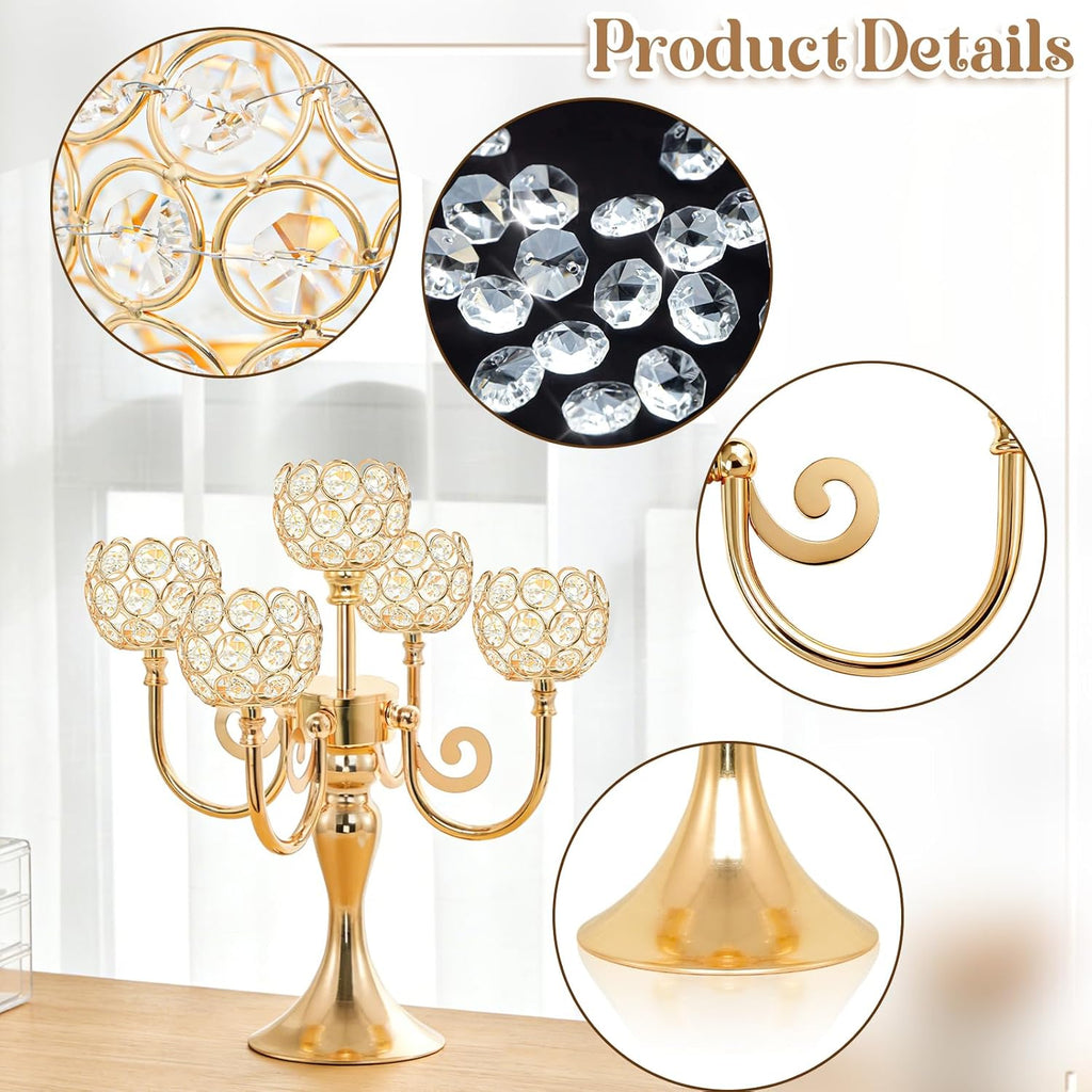 5 Arm Metal Crystal Candelabra Centerpiece - 13.4 Inch Elegant Candle Holder with Crystal Beadsable Decoration (2, Gold)