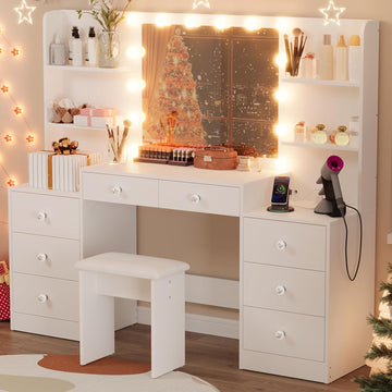 Large Vanity Desk with Lighted Mirror Dressing Table | Makeup Vanity with Power Strip, Soft Stool, 8 Drawers, 6 Open