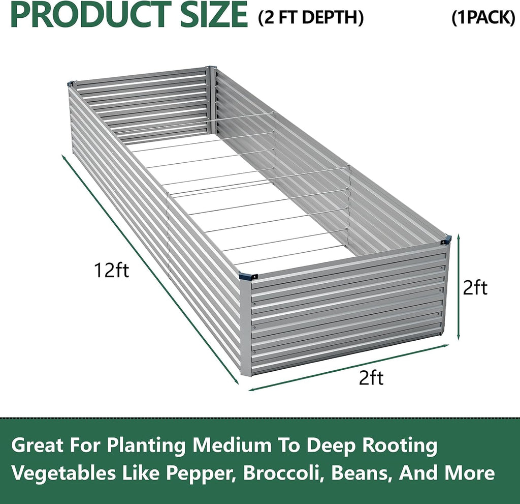 12x2x2ft Galvanized Raised Garden Bed,Metal Raised Beds Kit Silver