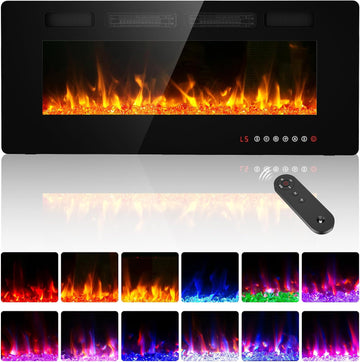 42" Ultra Thin Electric Fireplace Insert-ETL Certified, Recessed/Wall Mount, 3D Flame with Crystal